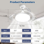 Ceiling Fans with Lights and Remote, 40W Retractable Modern Smart Ceiling Fan Upgraded Motor, 3 Colors 4 Wind Speeds, 3000-6500K Dimmable E27 Base LED Fan Light for Bedroom, Living Room