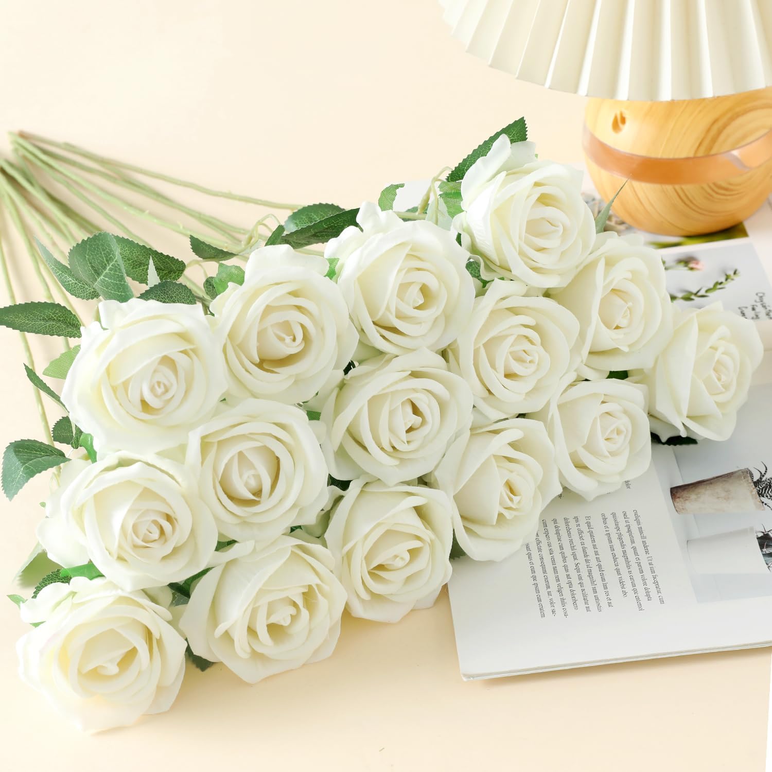 15Pcs Small Fake Roses Velet Roses Long Stem Artificial Flowers Silk Flowers for Home Wedding Decoration (Pearl Roses,White)