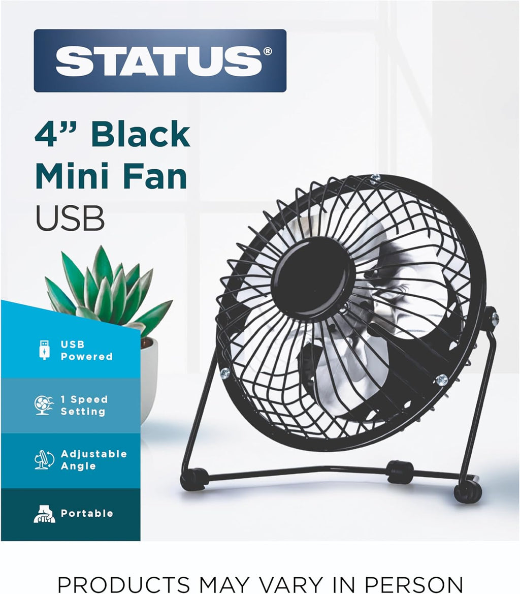 4 Inch USB Desk Fan, Mini Portable, Single Speed, Black, Compact Personal Cooling Fan for Office Travel (SUSBBLKWFAN1PKB4)