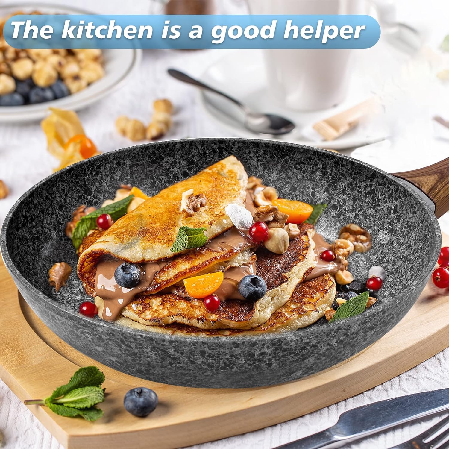 24CM Frying Pan with Lid, Granite Nonstick Frying Pans with Lid, Stone Frying Pan, Induction Compatible (24CM)