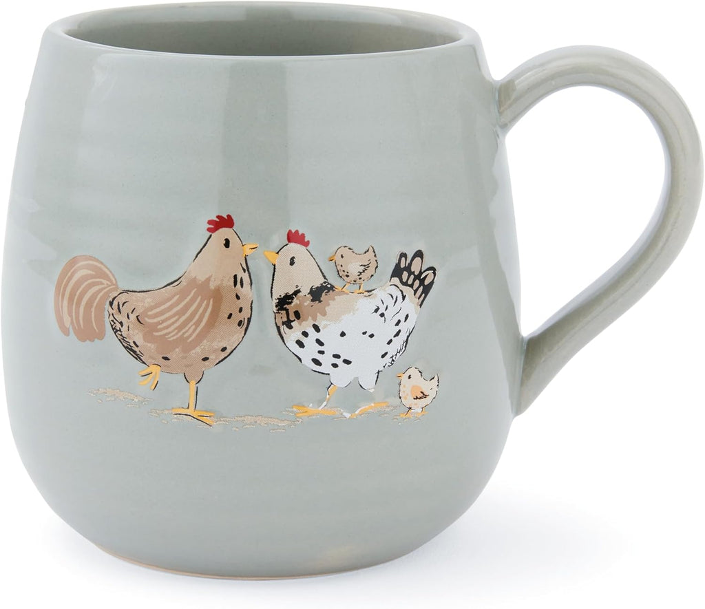 Hen House Lane Sage Belly Mug | Farmhouse Stoneware Coffee Cup | Ribbed & Embossed Hen Design | Rustic Tea Mug for Home & Kitchen | Dishwasher & Microwave Safe | 400ml