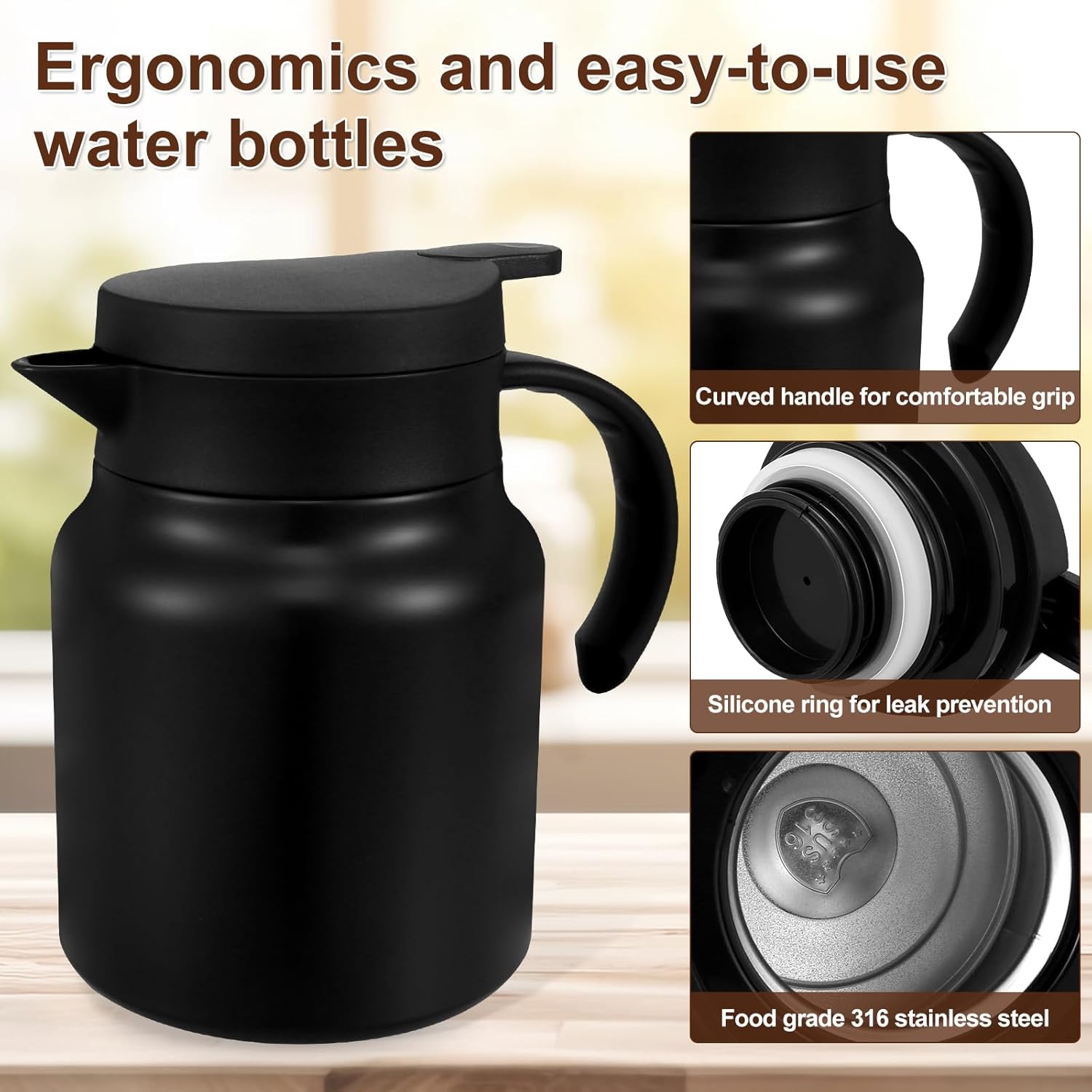 Thermal Coffee Carafe 1000ML Insulated Water Pitcher Stainless Steel Carafe with Detachable Tea Strainer Leak-Proof Vacuum Insulated for Milk Coffee Tea Hot Cold Drinks (1000ml (Black))