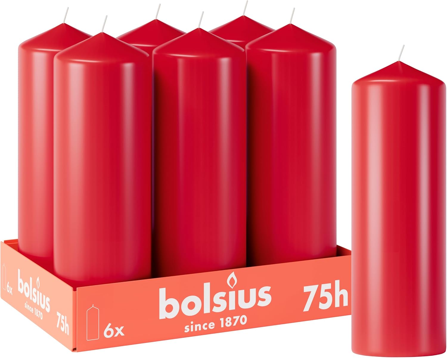 Smooth Pillar Candles - Red - Pack of 6-20 x 7 cm - Decorative Household Candles - Burn Time 75 Hours - Unscented - Contains Natural Plant Wax - Without Palm Oil Main image