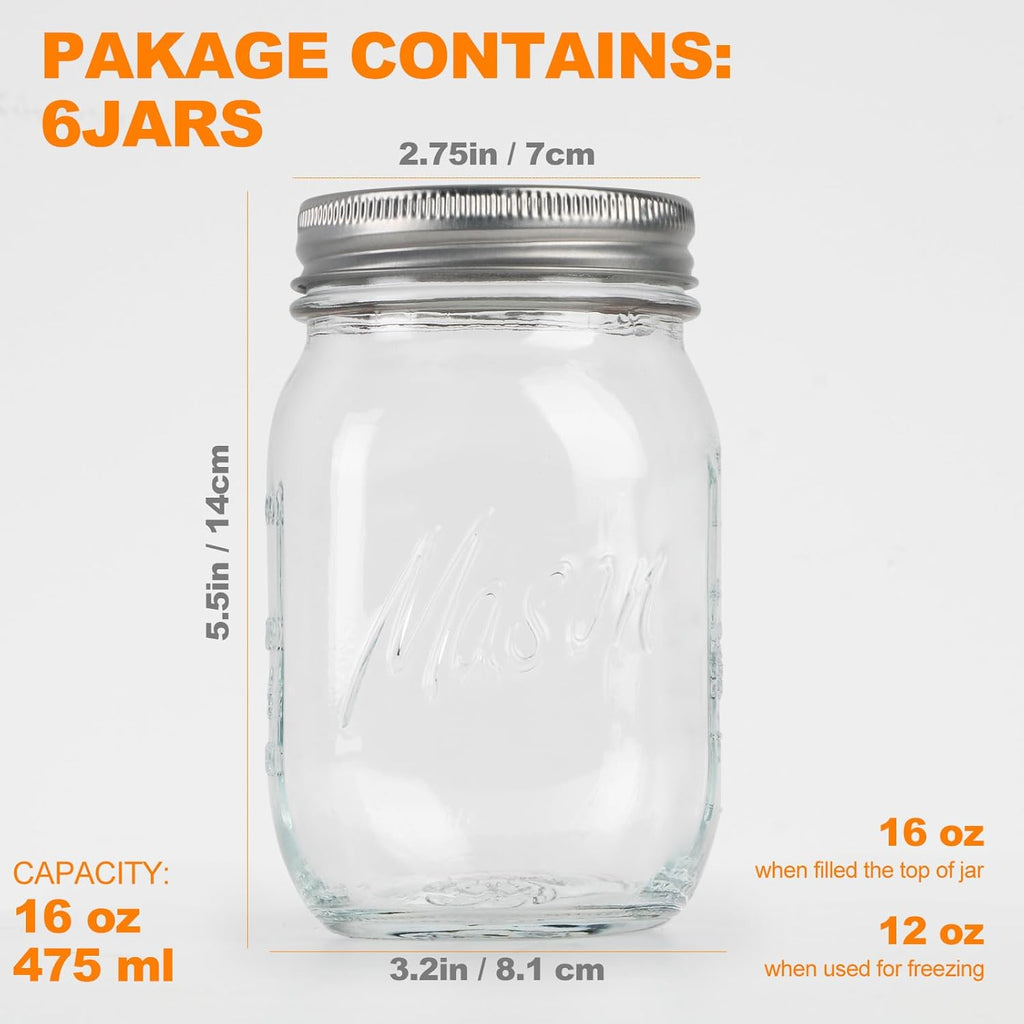 475ml Mason Jar with Anti-Slip Design & Measuring Scale – Premium Thickened Calcium Glass, Lead-Free, Leak-Proof Lid with Plastic Seal, 7cm Wide Mouth, Ideal for Storage, Preserves & More (6 Pack)