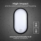 Eco Outdoor LED Bulkhead Light with PIR Motion Sensor, Decorative Exterior Lighting, Oval, Black, IP54, 10W, 700lm, 4000K, EBEO10P40