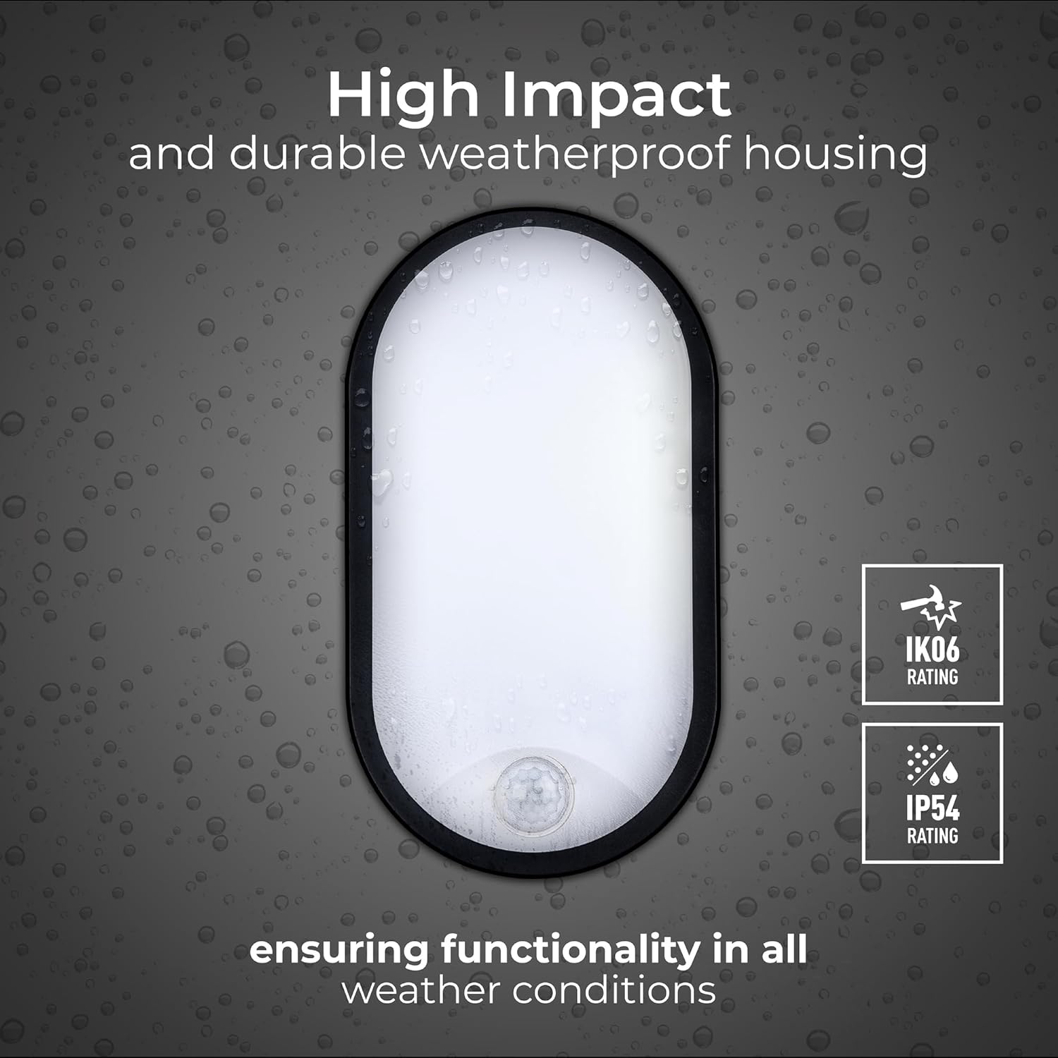 Eco Outdoor LED Bulkhead Light with PIR Motion Sensor, Decorative Exterior Lighting, Oval, Black, IP54, 10W, 700lm, 4000K, EBEO10P40