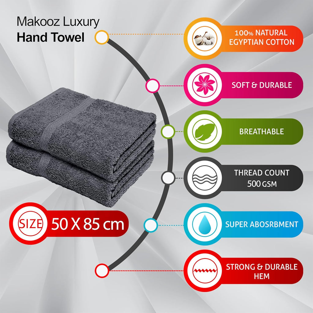 Bathroom and Kitchen 2 Pc Hand Towels Pack - 500 GSM Natural 100% Egyptian Cotton -Quick Dry and Absorbent - Fast Drying Soft and Luxurious Bath Hand Towel Set (Grey, 50x80 CM)