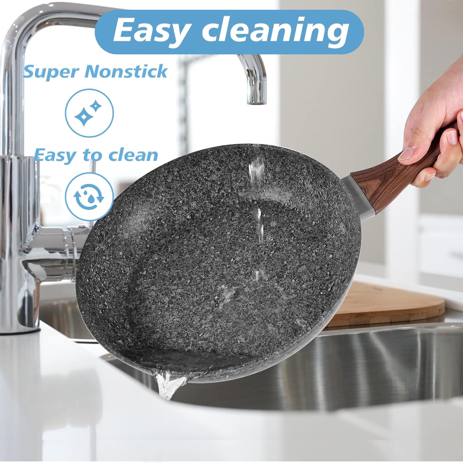 24CM Frying Pan with Lid, Granite Nonstick Frying Pans with Lid, Stone Frying Pan, Induction Compatible (24CM)
