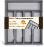 5-Compartment Cutlery Drawer Organiser, Plastic Cutlery Tray for Kitchen Utensil Storage, BPA Free & Non-Slip, Drawer Organiser with Dedicated Sections for Spoons, Forks, Knives(Grey)
