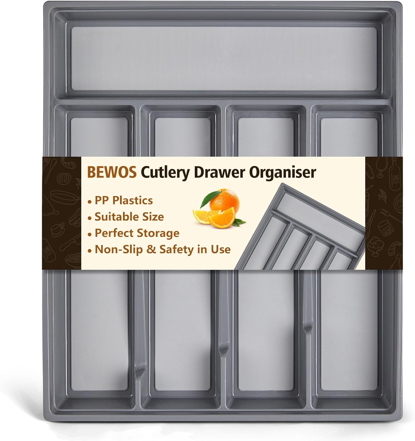 5-Compartment Cutlery Drawer Organiser, Plastic Cutlery Tray for Kitchen Utensil Storage, BPA Free & Non-Slip, Drawer Organiser with Dedicated Sections for Spoons, Forks, Knives(Grey)