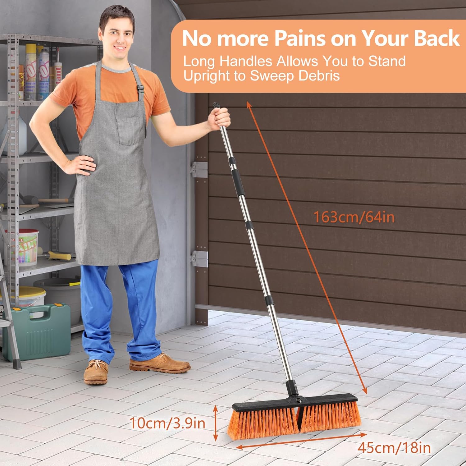18IN Garden Broom Outdoor Heavy Duty with Long Handle(64IN), Hard Yard Sweeping Brush with Stiff Bristle, Patio Large Brooms Outside, Industrial Wide Brushes Set, Strong Deck Cleaning Tool