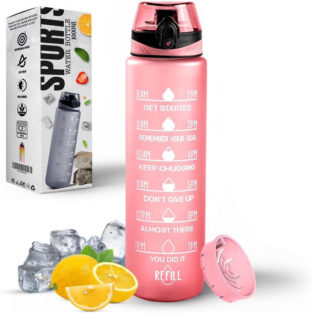 Water Bottle 1L, Sports Water Bottle with Time Markings, BPA-Free, Leak-Proof Drinks Bottle, Perfect for Running, Cycling, Gym, Yoga, Camping and Outdoor Activities, Pink
