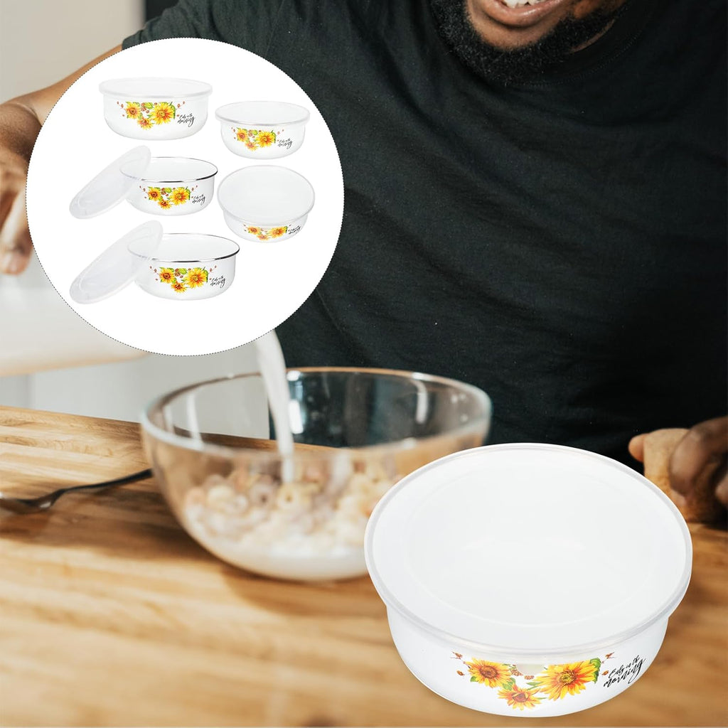 5pcs Mixing Bowls Sets Enamel Prep Bowls with Lid Floral Nesting Salads Bowls Prepared Bowls Food Container Bowl for Kitchen Serving Fruit Cereal Sugar Candy Ice Cream