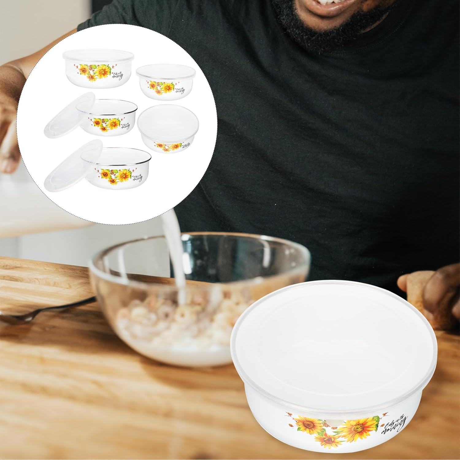 5pcs Mixing Bowls Sets Enamel Prep Bowls with Lid Floral Nesting Salads Bowls Prepared Bowls Food Container Bowl for Kitchen Serving Fruit Cereal Sugar Candy Ice Cream