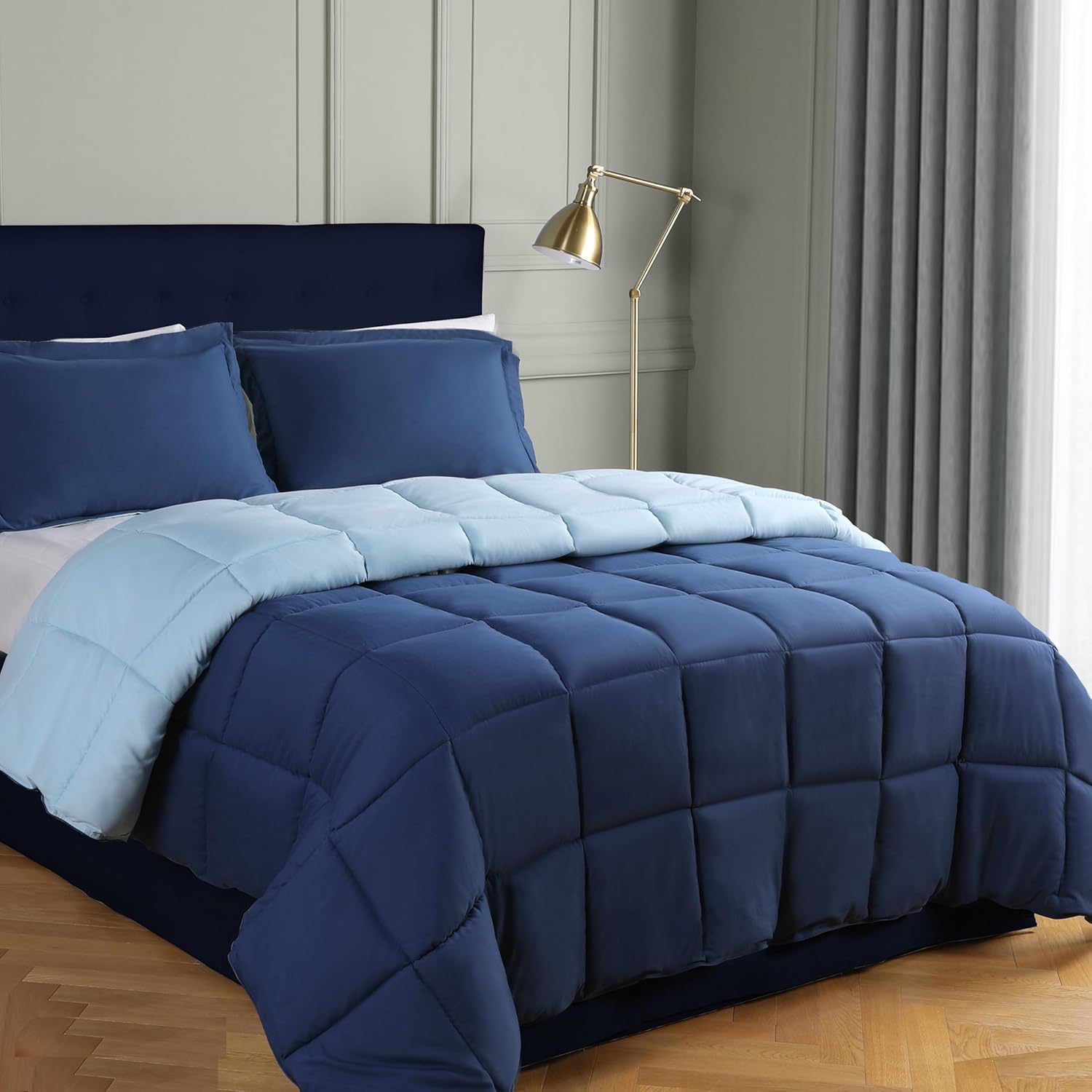 3 Pieces Navy Blue Coverless Duvet King - 240 x 220cm - Cassette Box Construction - Corner Duvet Tabs - Solid Reversible 10.5 Tog Comforter - 100% Down Alternative & Breathable Bedding Main image