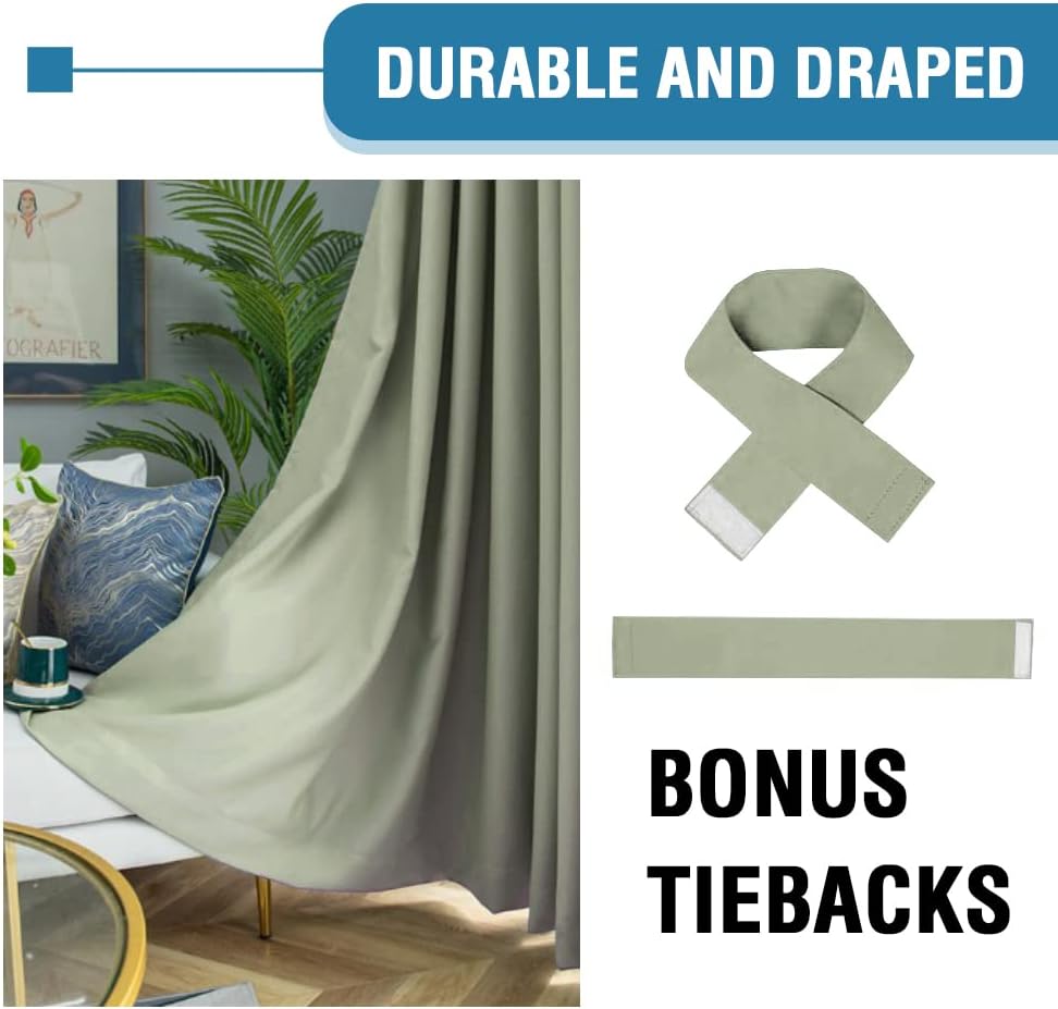 100% Blackout Curtains for Bedroom Thermal Insulated Curtains & Drapes Blackout Curtains Pencil Pleat Curtains for Living Room with Black Liner 2 Panels, 66 x 72 Inch, Light Sage