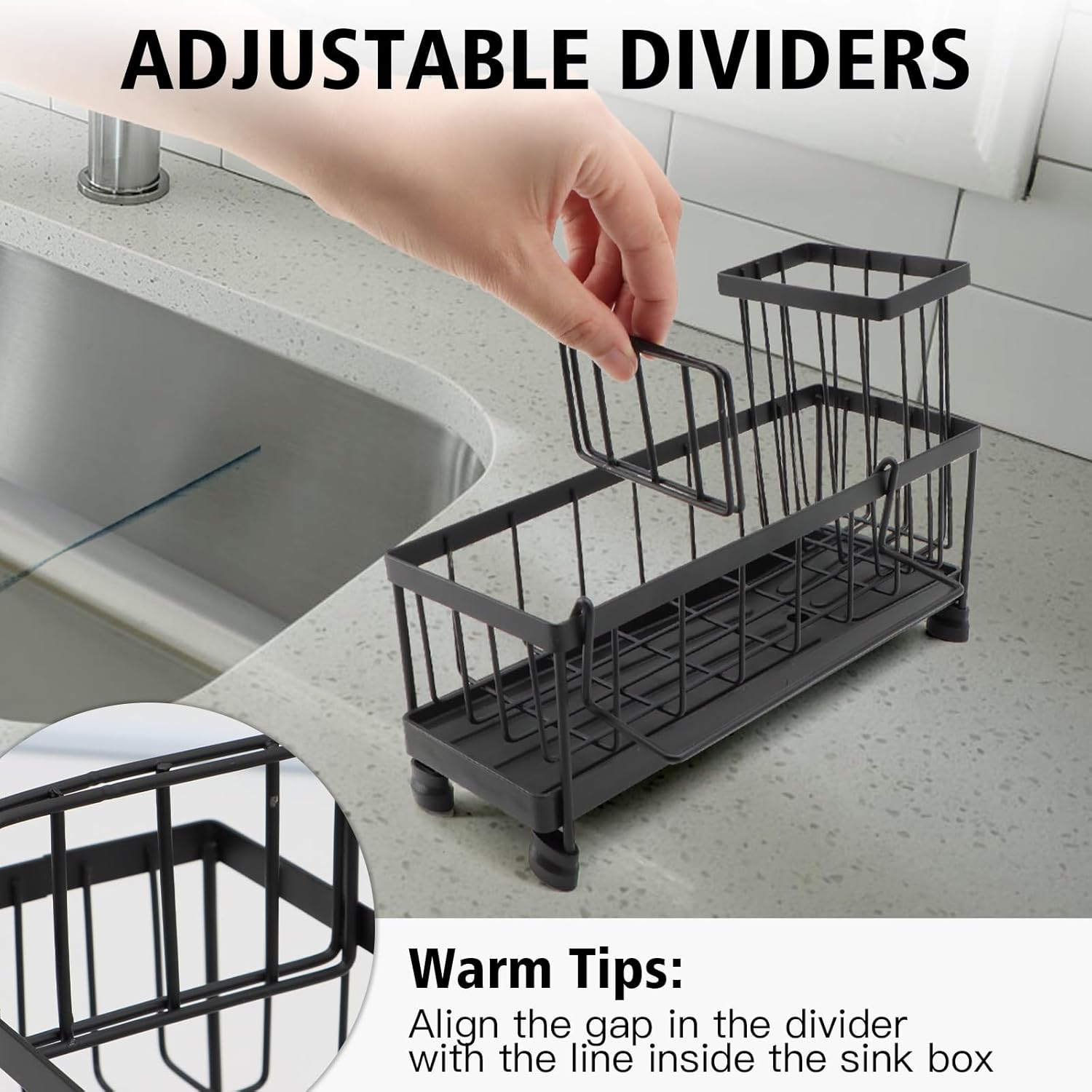 Sink Organizer for Kitchen, Kitchen Sink Organiser with Automatic Drain Tray with Two Sponge Holders, Sponge Holder