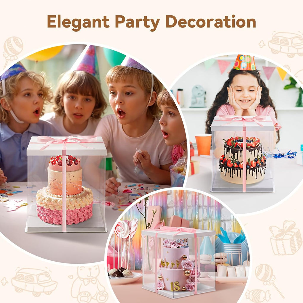 Clear Cake Box, 34x34x37CM for 12 Inch Tall Cake Box, Transparent Cake gift Boxes with Lid & Ribbon, Plastic Cube Cake Gift Packaging Boxes for Birthday Wedding Christmas Party