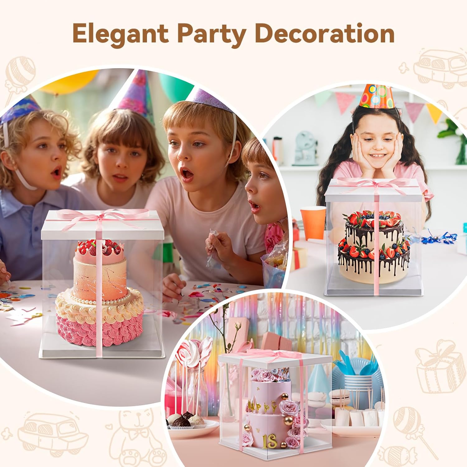 Clear Cake Box, 34x34x37CM for 12 Inch Tall Cake Box, Transparent Cake gift Boxes with Lid & Ribbon, Plastic Cube Cake Gift Packaging Boxes for Birthday Wedding Christmas Party