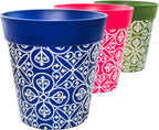 Hum Flowerpots, 22cm Set of 3, Various Patterns Colours and Sizes, Indoor/Outdoor Plastic Plant Pots, Green, Blue, Pink Maroc