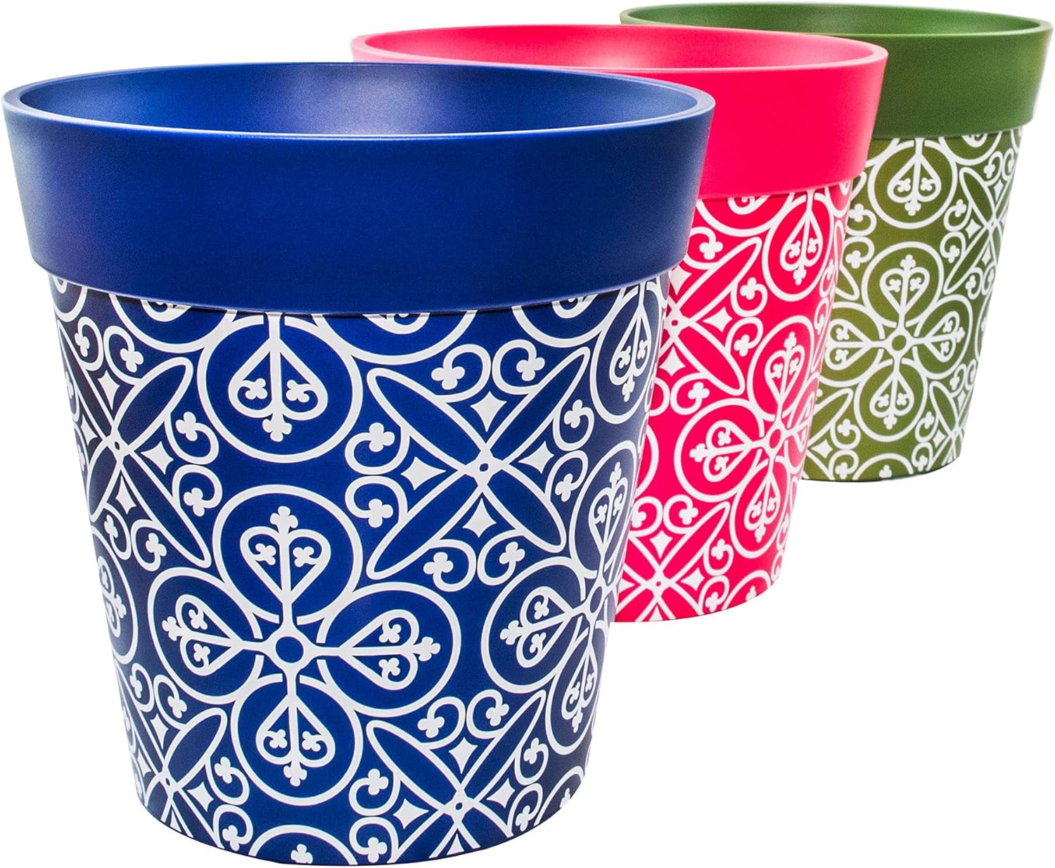 Hum Flowerpots, 22cm Set of 3, Various Patterns Colours and Sizes, Indoor/Outdoor Plastic Plant Pots, Green, Blue, Pink Maroc