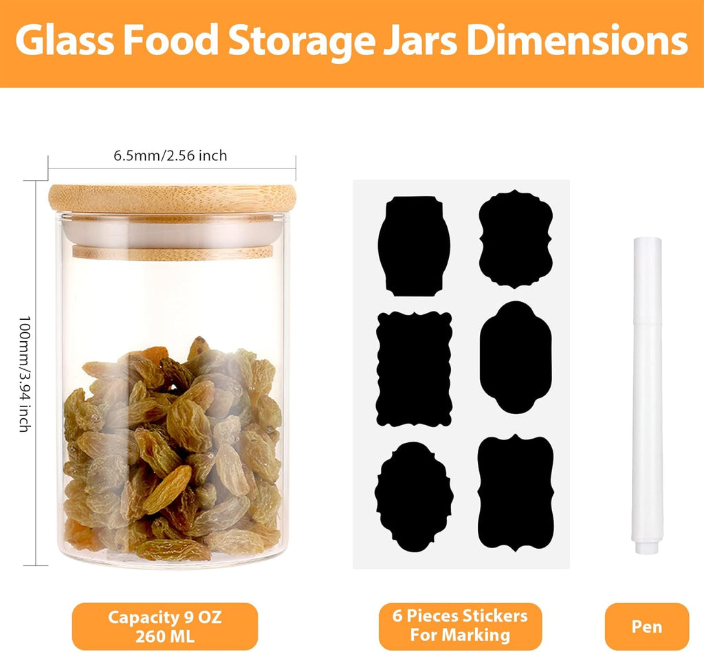 6 Set Glass Jars Set 260ml, 9oz Spice Jars Food Cereal Storage Container with Bamboo Airtight Lids and Labels for Flour, Sugar, Coffee, Candy, Snack and More