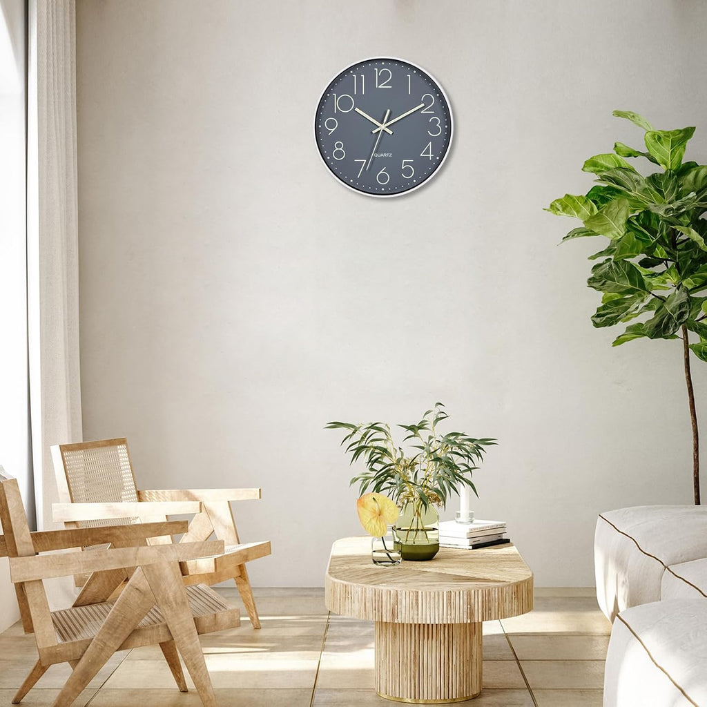 Luminous Wall Clock Bedroom Clock Non Ticking Silent Wall Clock Modern for Living Room Kitchen Office Bathroom Battery Operated Grey Glow in the Dark