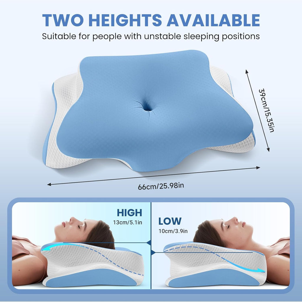 Memory Foam Pillow, Orthopedic Ergonomic Pillows for Neck and Shoulder Pain, Cervical Neck Support for Side/Back/Stomach Sleepers, with Cooling Washable Silk Pillowcase, Blue