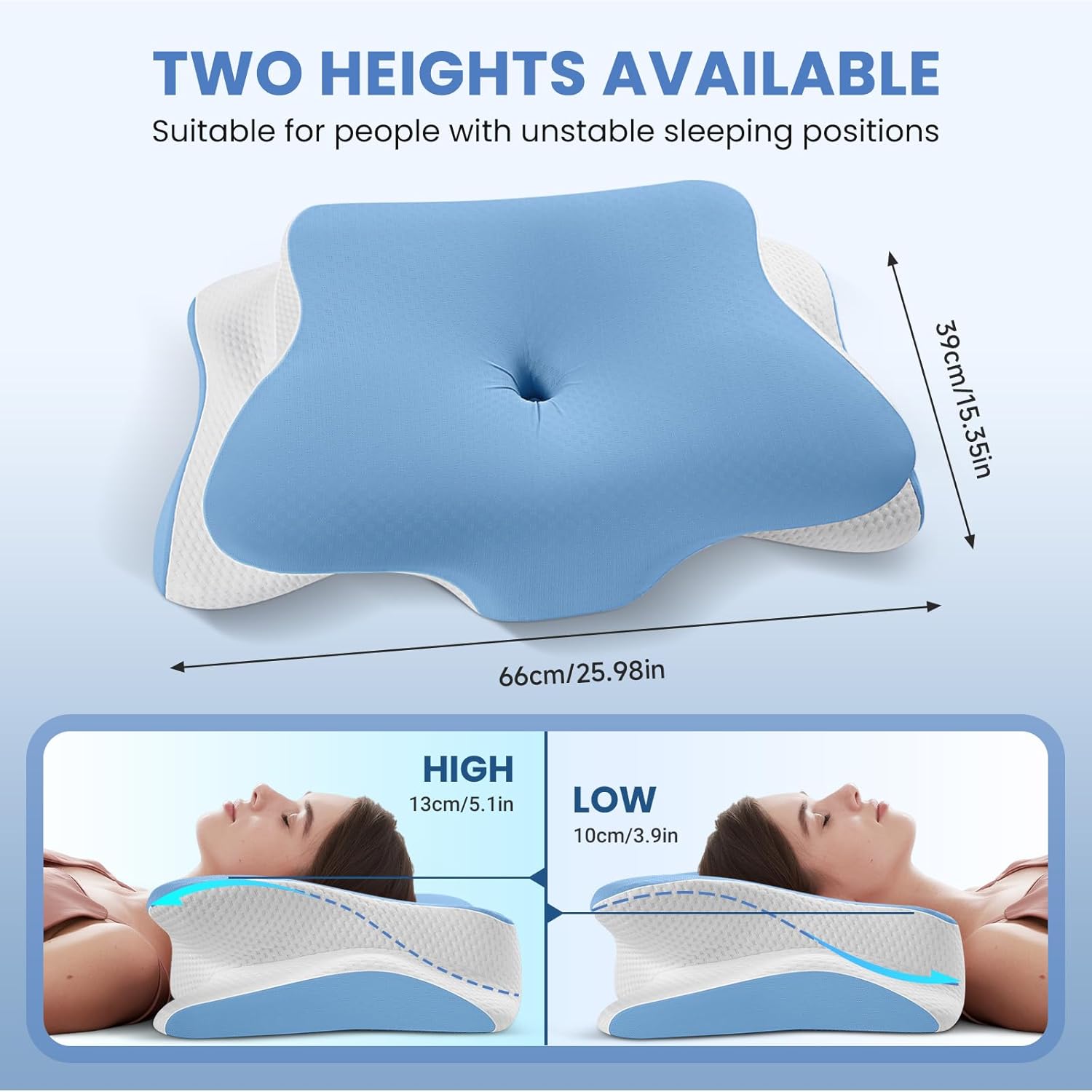 Memory Foam Pillow, Orthopedic Ergonomic Pillows for Neck and Shoulder Pain, Cervical Neck Support for Side/Back/Stomach Sleepers, with Cooling Washable Silk Pillowcase, Blue
