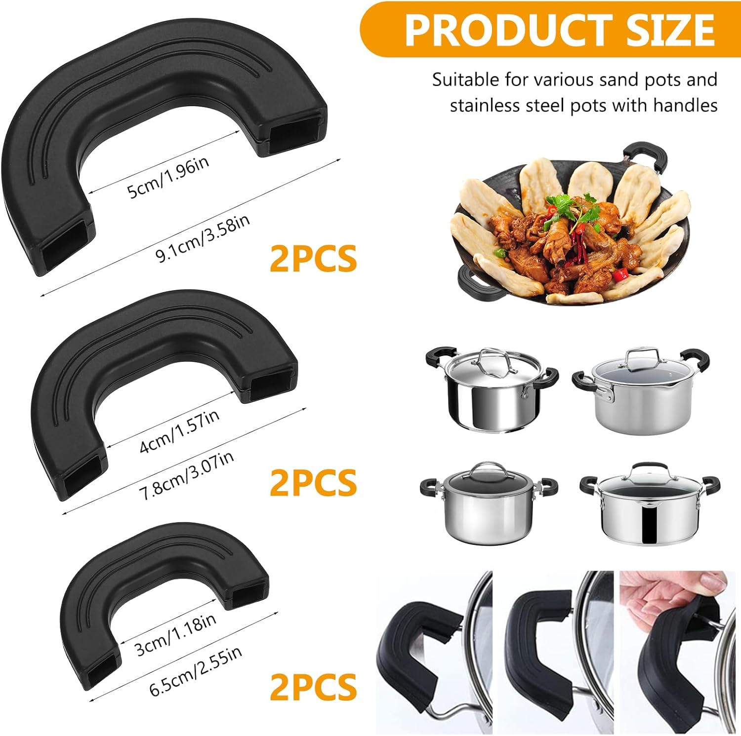 3 Pairs Silicone Pot Grips, Flexible Assist Handle Holder, Heat Resistant Silicone Hot Handle Holder Sleeve, Pan Handles Covers for Cast Iron Woks Skillets Griddles Pans Pot Holders(Black, 3 Sizes) Secondary image