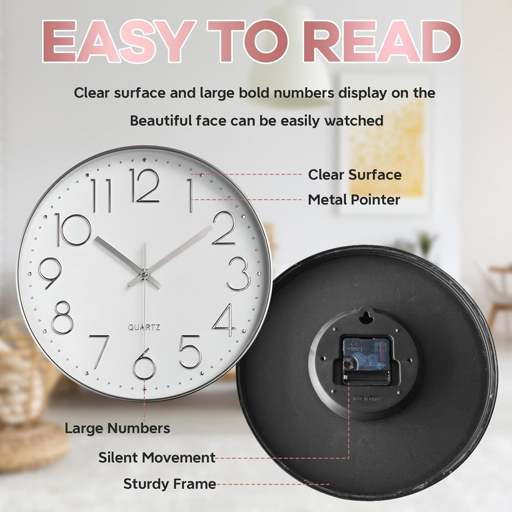 Delgeo Modern Silent Wall Clock 25-30cm, Minimalist Silver Clock for Living Room & Kitchen,Premium Wall Decor for Home Office