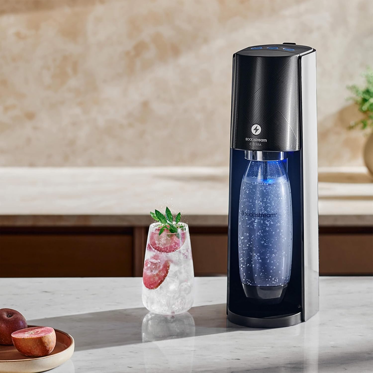 Electric Terra Sparkling Water Maker, 3 Carbonation Settings, Quick Connect CO2, Includes 60L Gas Cylinder, BPA-Free Bottle, Black