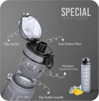 Water Bottle 1L, Sports Water Bottle with Time Markings, BPA-Free, Leak-Proof Drinks Bottle, Perfect for Running, Cycling, Gym, Yoga, Camping and Outdoor Activities, Grey