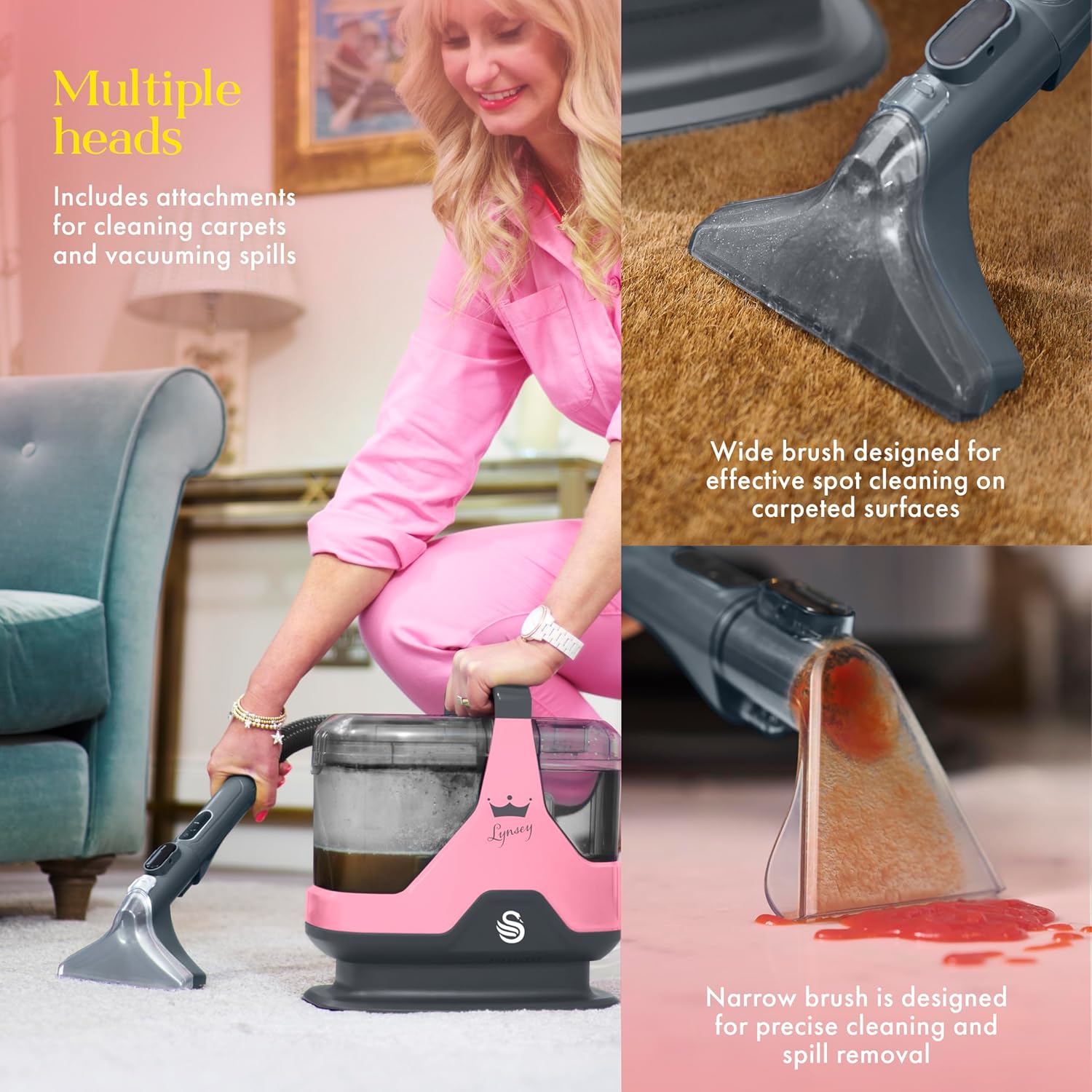 SC18411QOC TV’s Queen of Clean Spot Cleaner with Auto-Stopping Function, Flexible Hose, and Interchangeable Heads, 600W, Pink