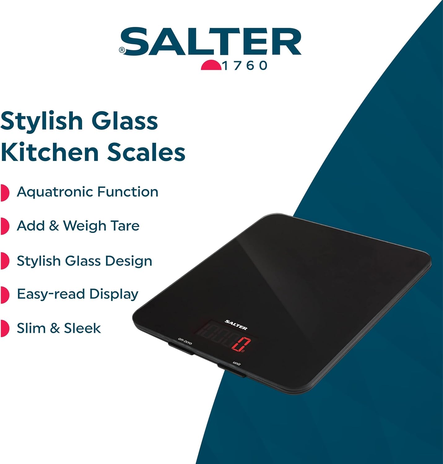 1150 BKDR Digital Kitchen Scales, Stylish Glass Design, Cooking Scale for Home/Kitchen, Measures Liquids & Fluids, Metric/Imperial, Add & Weigh Function, Red Easy Read Display, Black