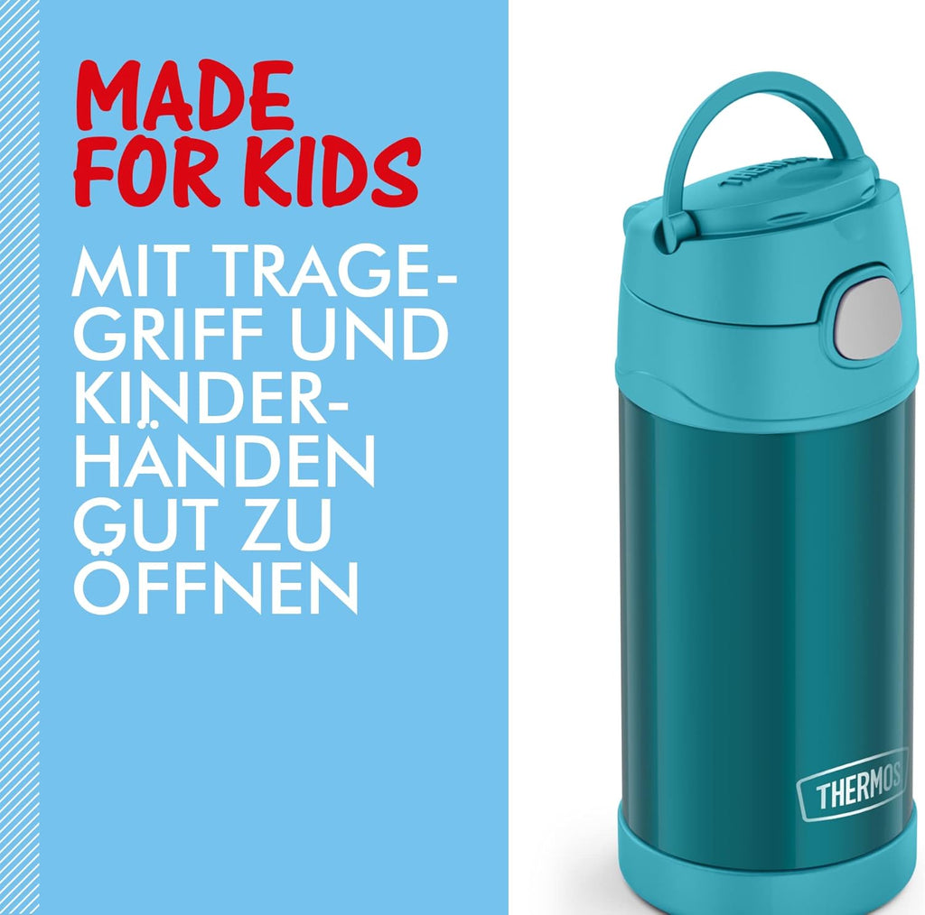 THERMOS Kids FUNTAINER Straw Bottle 0.35 L, Ocean Teal, thermos Flask for Children, Made of Stainless Steel, with Straw, 12 Hours Cold, Absolutely Leak-Proof, for School, Nursery, Break