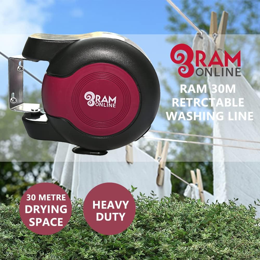 Ram® 30 metre Retractable Reel Clothes Lines Washing Line with Twin Cable - Wall Mounted Heavy Duty Clothes Dryer 2 x 15m Lines of Drying Space, Burgundy Secondary image