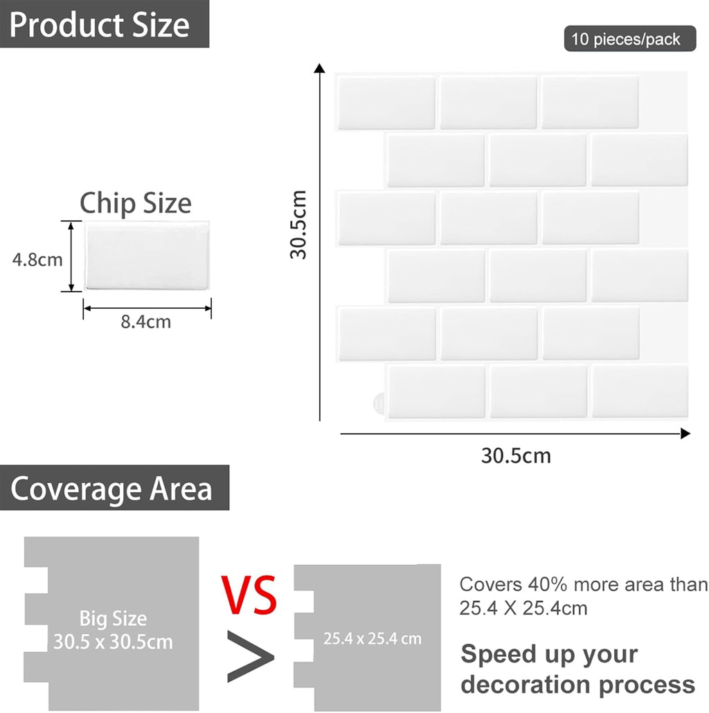 10-Sheets 3D Self Adhesive Peel and Stick Wall Tiles, Splashback & Metro Subway Tiles for Kitchen & Bathroom (30.5x30.5cm)
