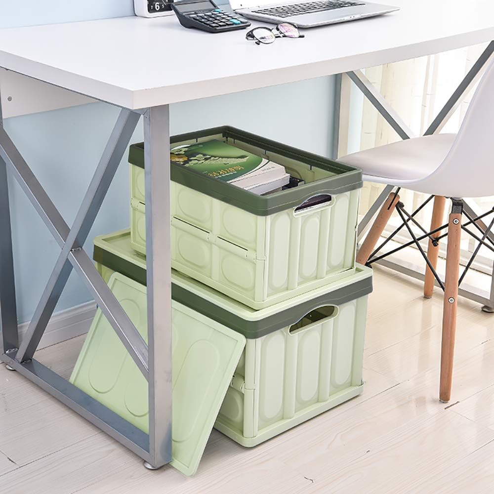 Collapsible Storage Bins 2 Pack 30L - Lidded Plastic Tote Container with Stackable Folding Utility Crate for Clothes, Toys, Books, Snacks, Shoes, Grocery - Green