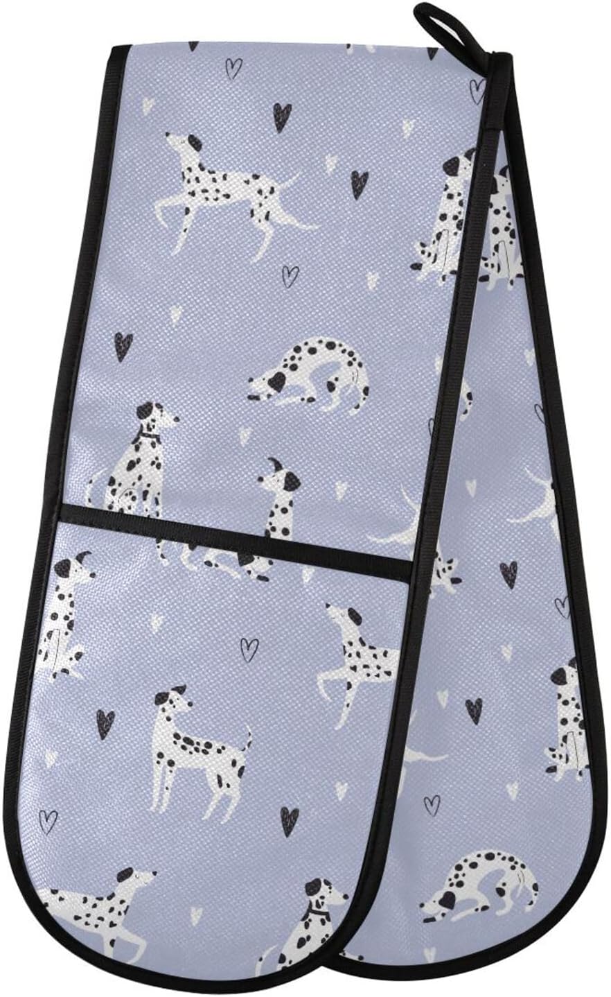 Double Oven Gloves Purple Dalmatian Dog Heart Heat Resistant Pot Holder Oven Mitt Gloves for BBQ Cooking Baking Grilling Microwave