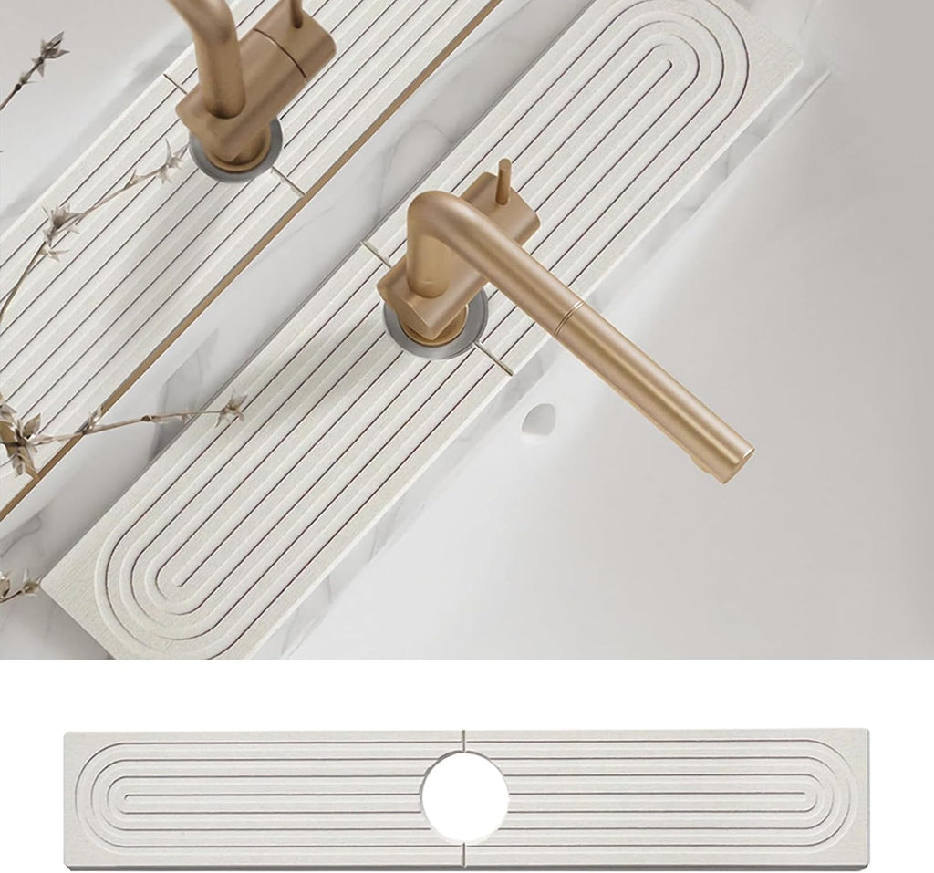 Diatomite Kitchen Faucet Mat - 16-Inch Kitchen Sink Splash Guard, Water Absorbing Stone Tray for Sink, Stone Fast-Drying Faucet Mat for Kitchen Counter Sink Accessories [White, 23.6'' x 3.9'']