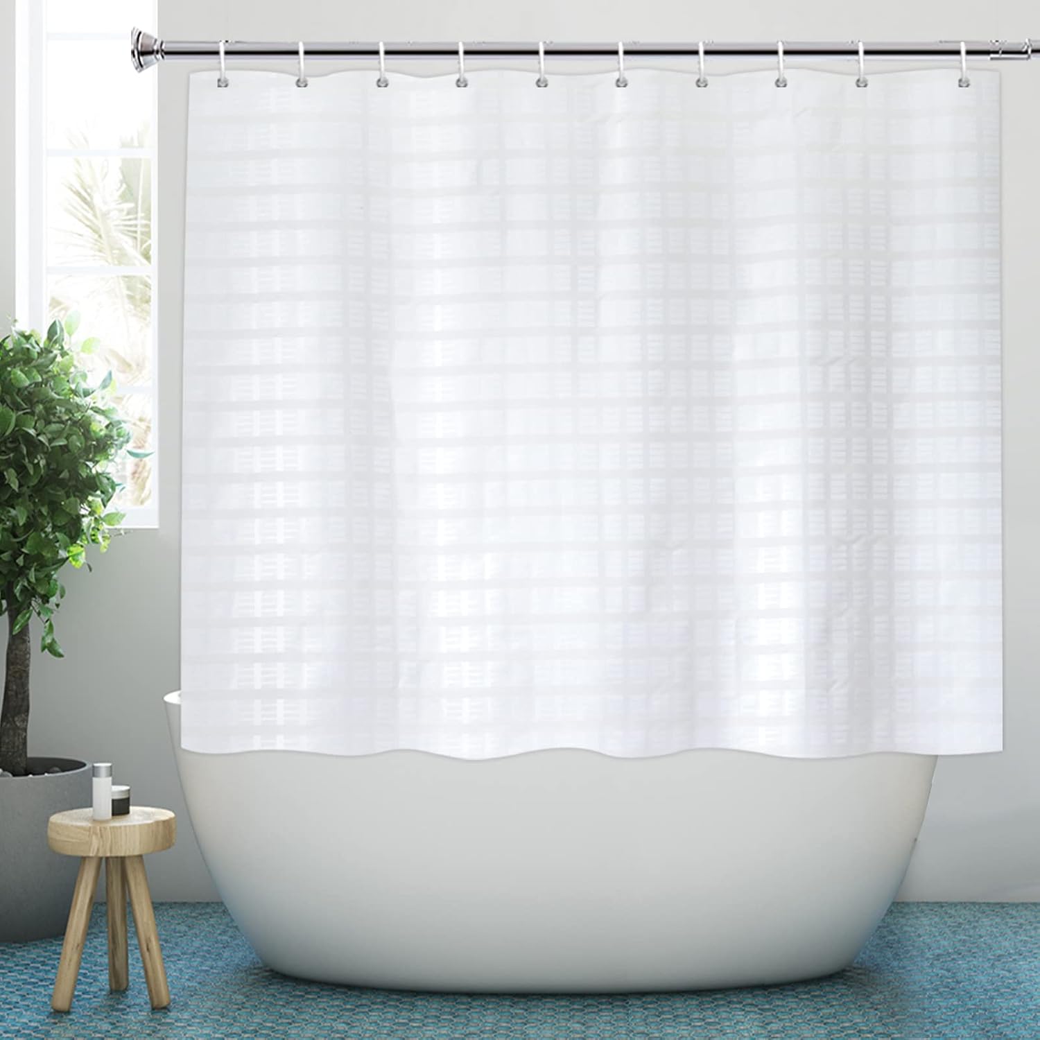 White Jacquard Shower Curtain for Bathroom Tub, Waterproof Fabric with Plastic Hooks, 71" W x 59" L /180x150cm Main image