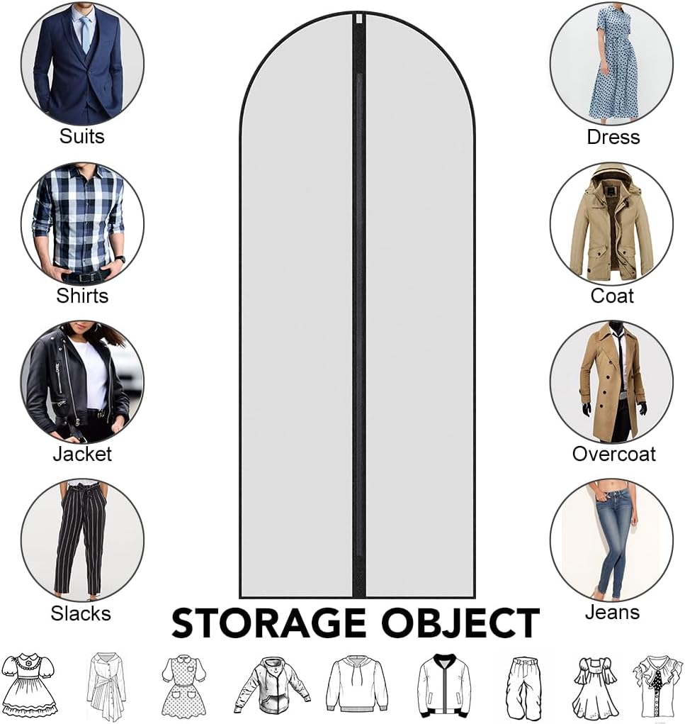 Garment Bags,5PCS Dustproof Garment Covers PEVA Translucent Clothes Covers with Zip Moth Proof Suit Protector Bags Waterproof Dress Covers for Shirts Coats Costumes (60X140CM)