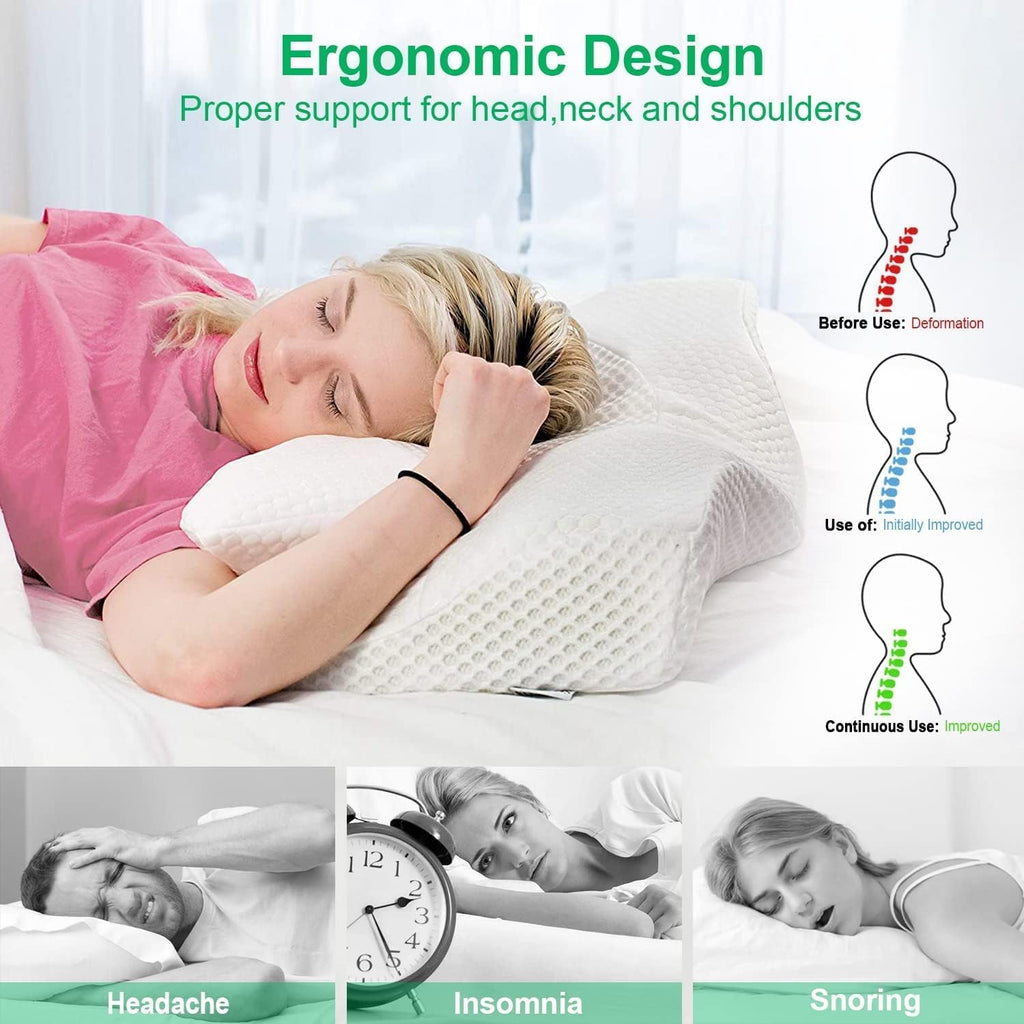 Cervical Memory Foam Pillow for Neck Pain Orthopedic Neck Pillow for Shoulder Pain Ergonomic Head Neck Support Pillow for Side/Back/Stomach Sleepers with Removable Cover (Blue)