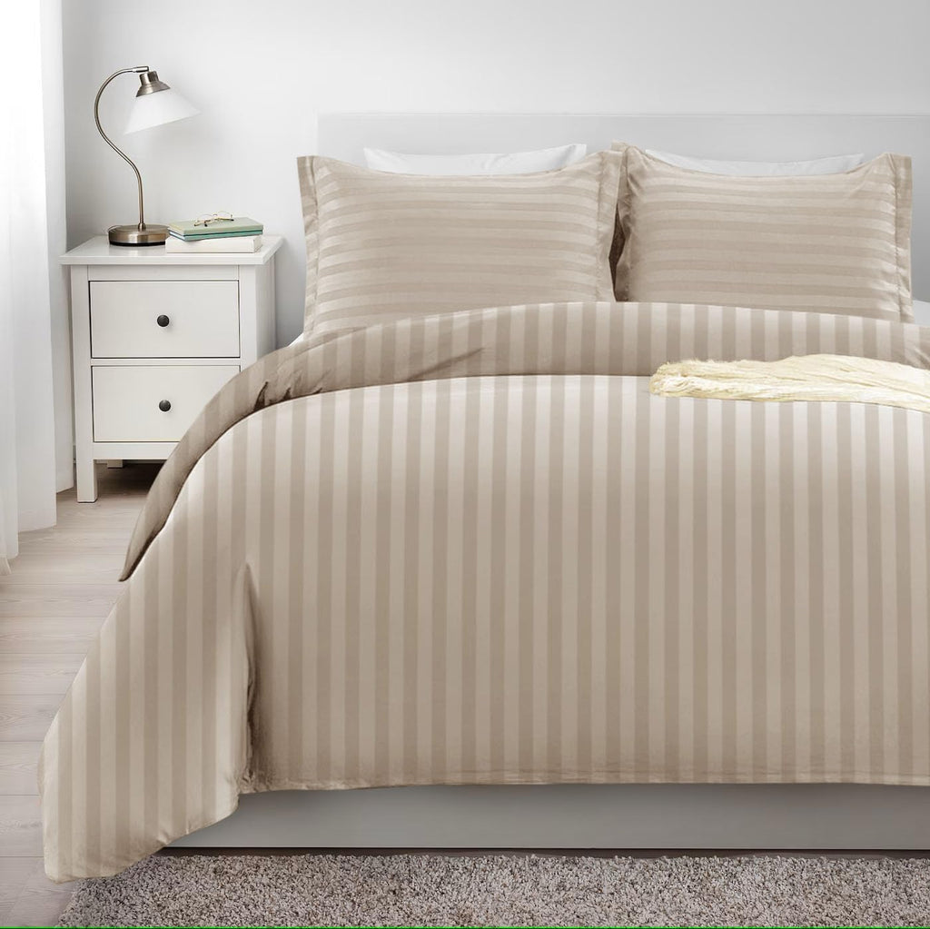 Imperial Rooms King Size Duvet Cover Sets Reversible Stripes Satin Bedding Set with Pillowcases Breathable Microfiber Duvet Covers (Beige 230x220 Cm)