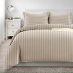 Imperial Rooms King Size Duvet Cover Sets Reversible Stripes Satin Bedding Set with Pillowcases Breathable Microfiber Duvet Covers (Beige 230x220 Cm)