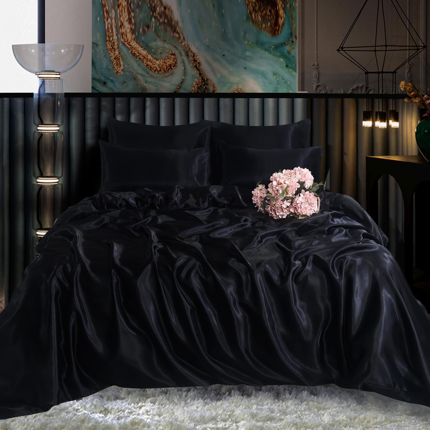 Satin Silk Complete Bedding Set - 6 PCS - Fitted sheet, Duvet Cover, 4 Pillow Cases. Color - Black Size - King Main image
