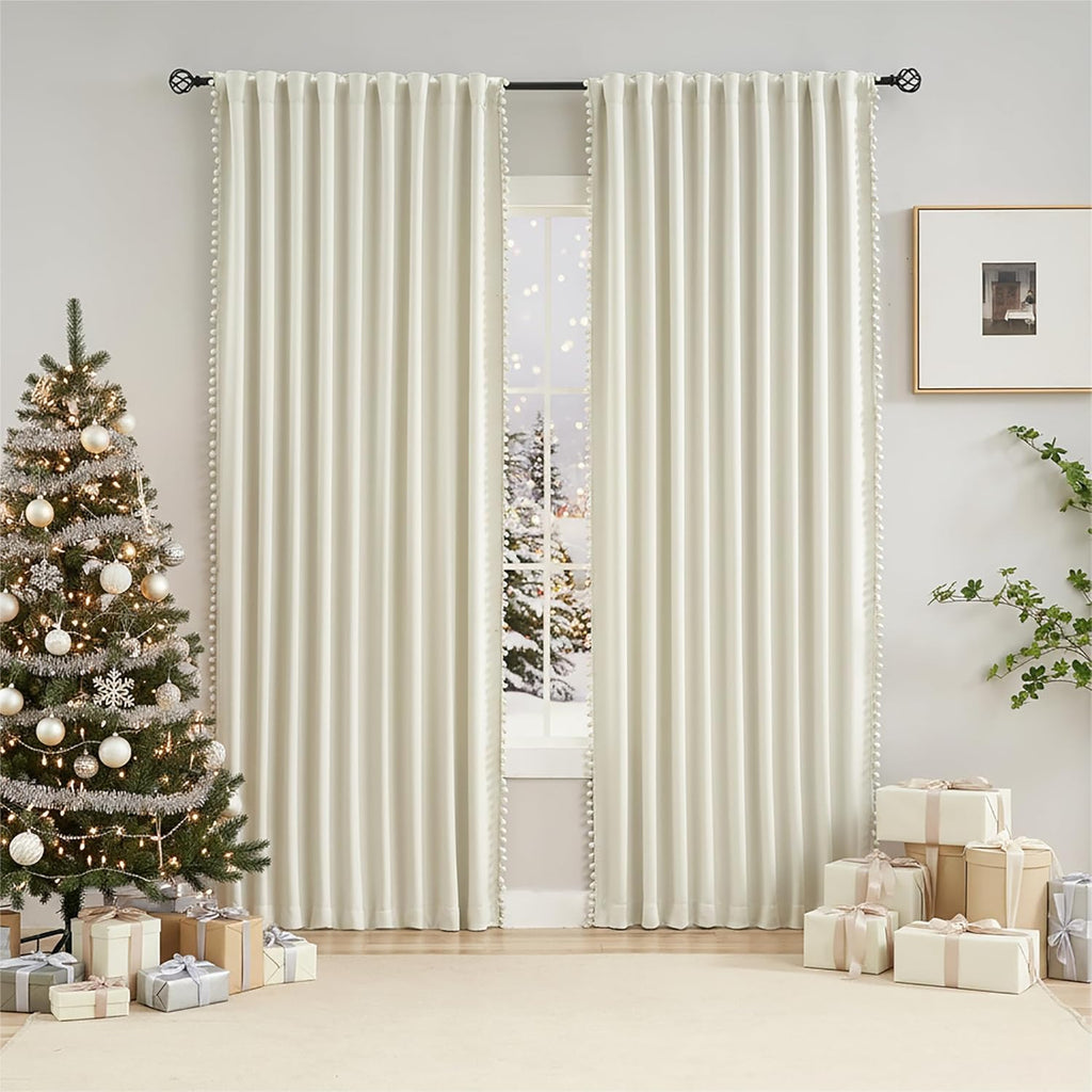 Ivory Blackout Curtains Cute Pom-Pom Trimming Drapes for Girls Kids Room 54 inches Pencil Pleat 100% Blackout Beige Curtains Thermal Insulated Room Darkening Window Treatments for Office, 50" w 2pcs