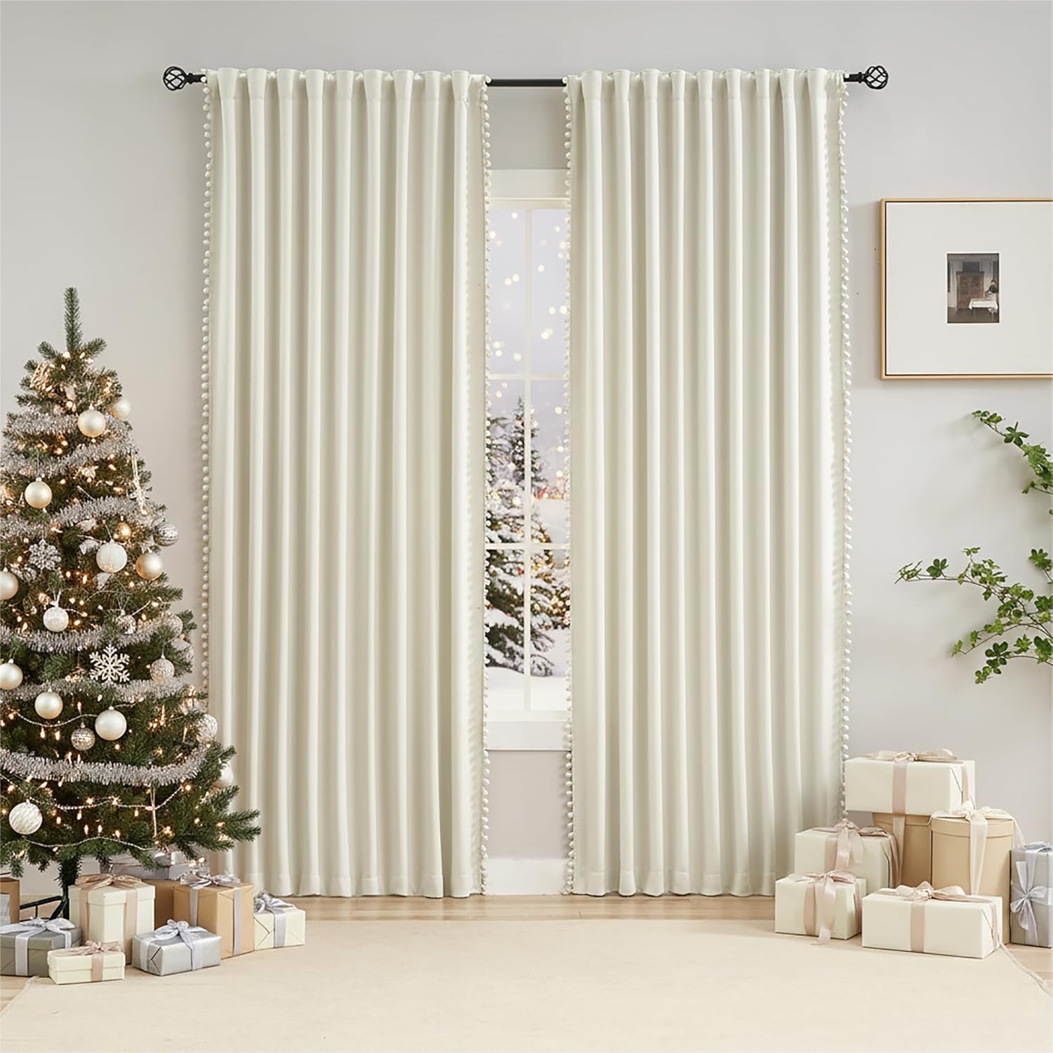 Ivory Blackout Curtains Cute Pom-Pom Trimming Drapes for Girls Kids Room 54 inches Pencil Pleat 100% Blackout Beige Curtains Thermal Insulated Room Darkening Window Treatments for Office, 50" w 2pcs