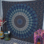 FURNISHFUL FINESSE Peacock Mandala Tapestry for Bedroom Indian Aesthetic Bohemian Wall Hangings Tapestries Hippie Tapestry Psychedelic Room Decor Bedspread Meditation Yoga Mat - 213x228 CM, Navy Blue